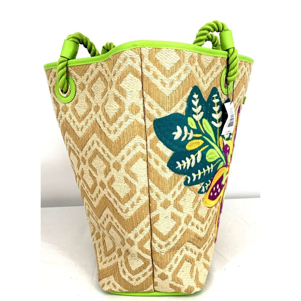 Vera Bradley Large Embroidered Floral Straw Beach Tote Bag Lime Green Purple NWT - Picture 3 of 9